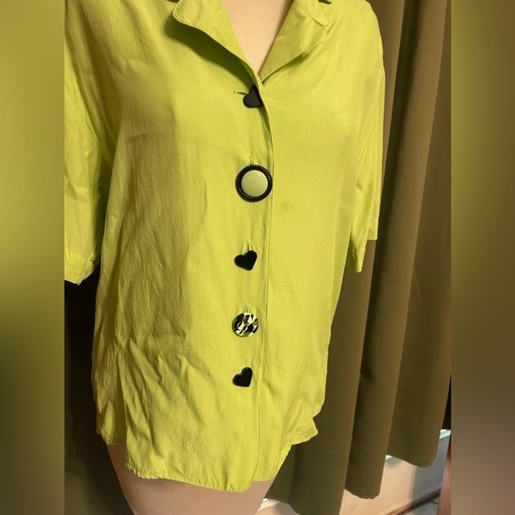 Vintage Whimsical Lime Green Button Up Blouse Med Lime Green and Black Blouse M - Picture 8 of 13